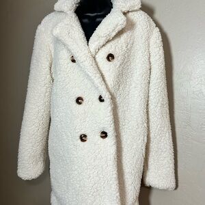 NWT Elly Bazar Women's Cream Double-Breasted Sherpa Teddy Coat